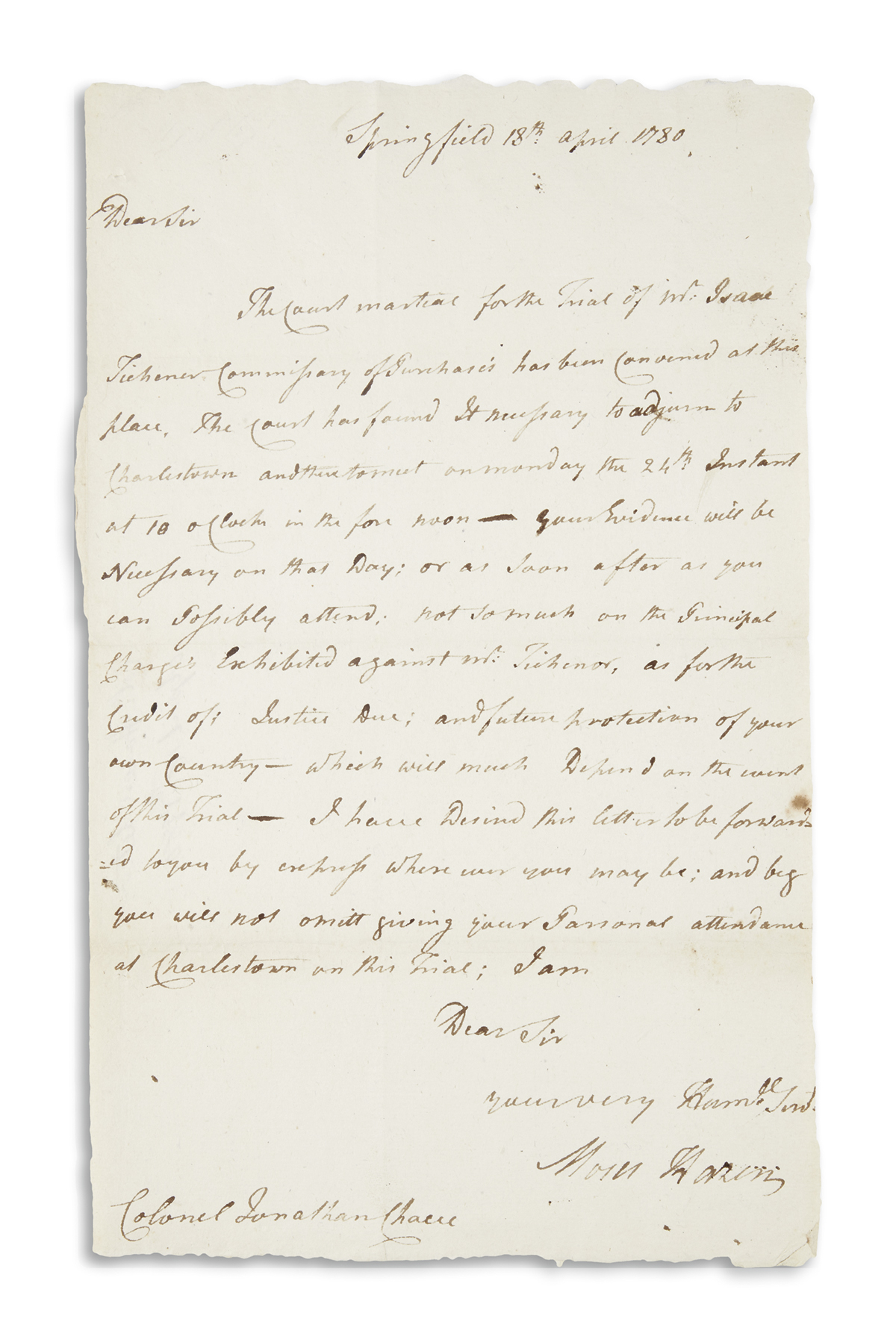 HAZEN, MOSES. Autograph Letter Signed, to Colonel Jonathan Chase,